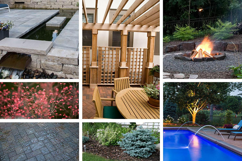 Collage of outdoor living features including hardscaping, fire pit, water features, lighting, and plantings, representing the Love phase of a Rockwest Creative project.